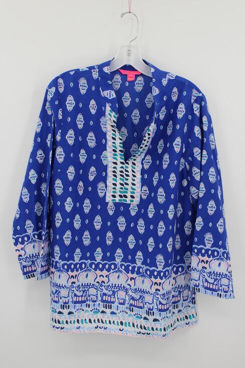 Lilly Pulitzer Tops - Lilly Pulitzer Silk Blend Asani Tunic Top Lapis Lazuli Glow Up Engineered Print